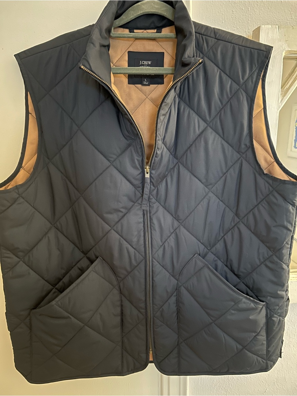 J. Crew Quilted Reversible Vest in Navy with Tan Lining
